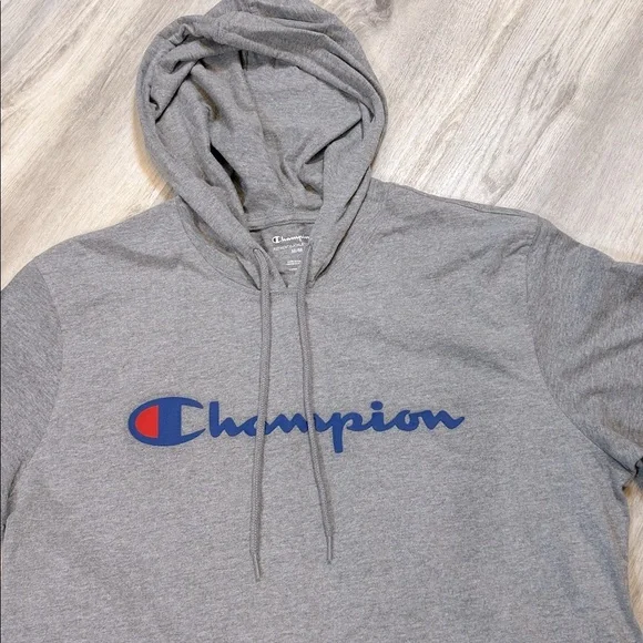 Champion Unisex Long Sleeve Hoodie Tee | Oxford Heather Gray Blue Logo T-Shirt M - Picture 2 of 6